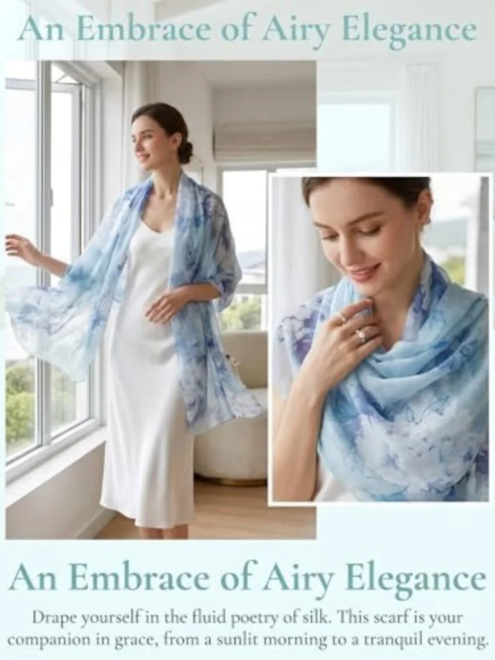 Luxurious 100% Mulberry Silk Floral Scarf, Lightweight 69'' x 43'' Shawl Wrap